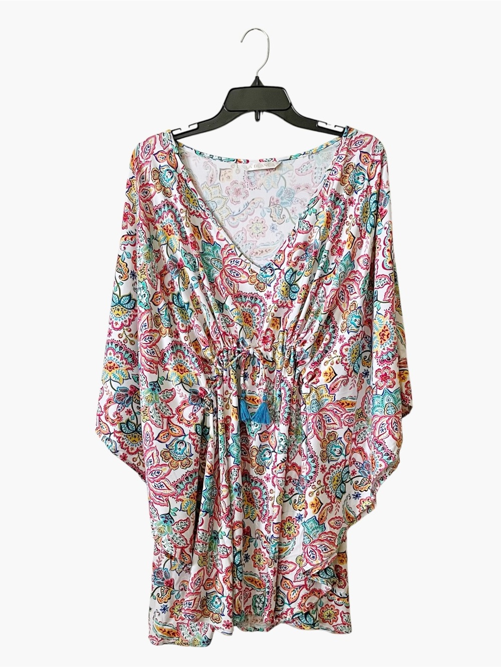 La Blanca Caftan Coverup Women's L Gypsy Soul Print V-Neck Tie Waist Boho Beach